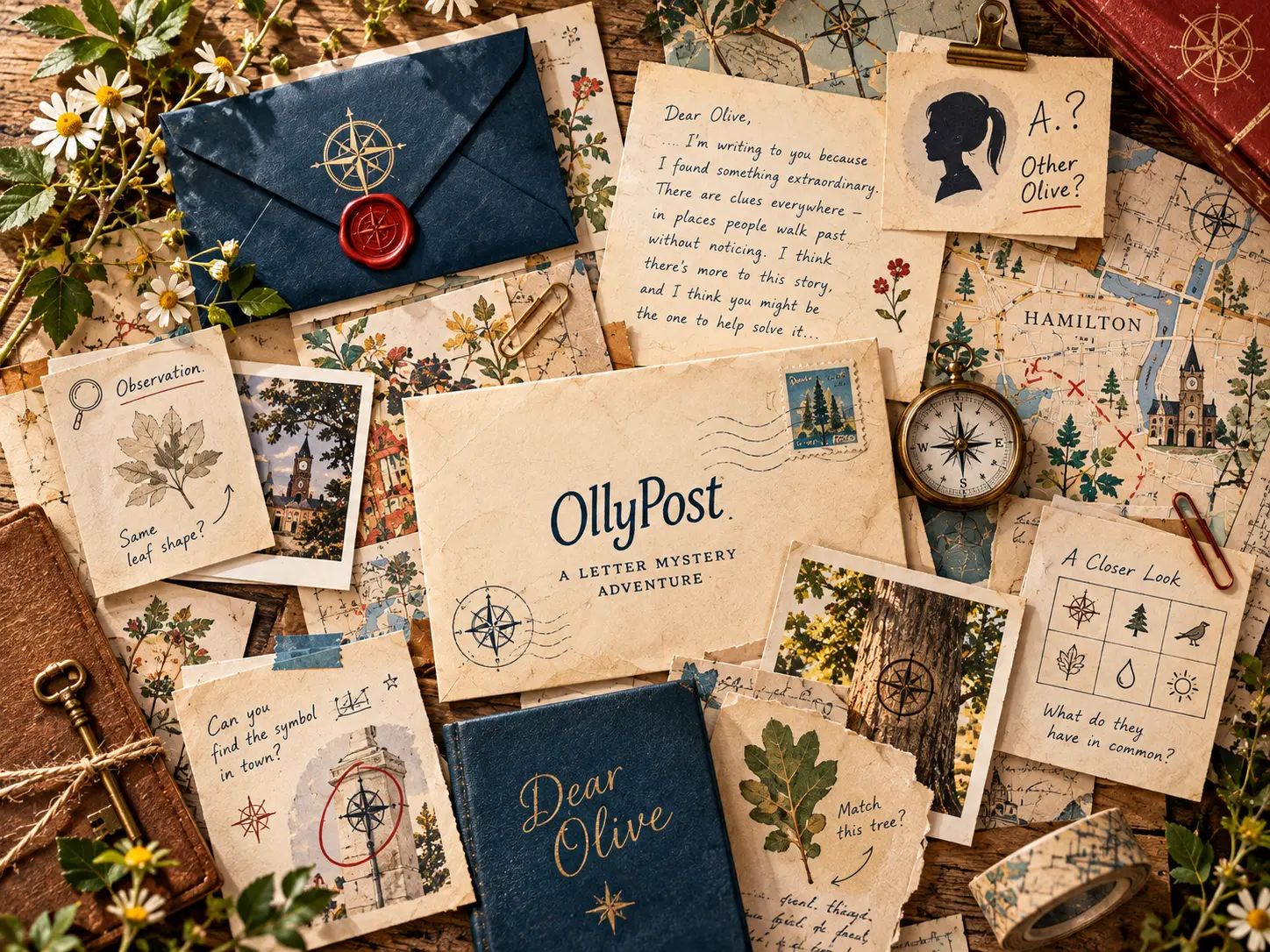 OllyPost letters, the Dear Olive book, maps, tape and paper clips arranged like a clue board