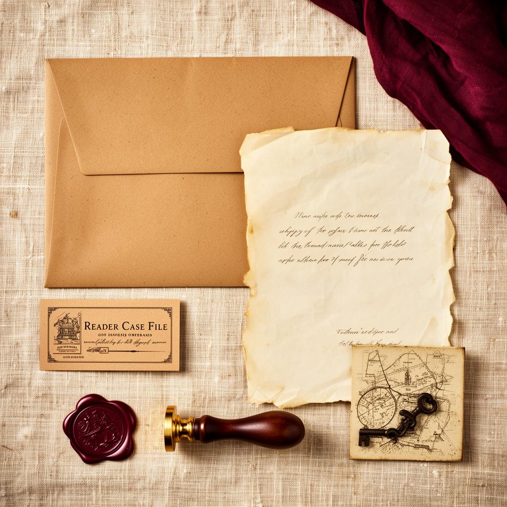 Overhead flatlay of an OllyPost delivery: envelope, sealed letter, case file, wax seal, and artifacts
