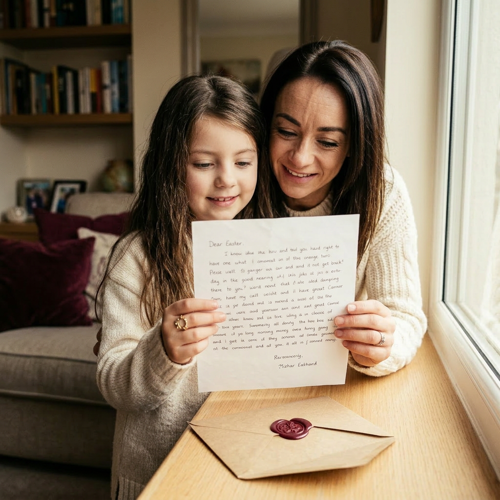 A young girl reading an OllyPost letter by the window