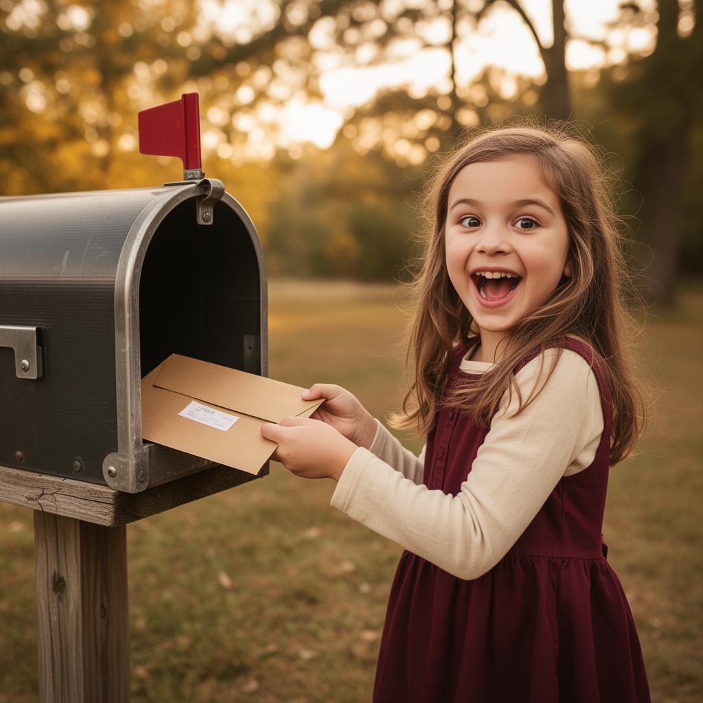 A delighted girl pulling an envelope from her mailbox