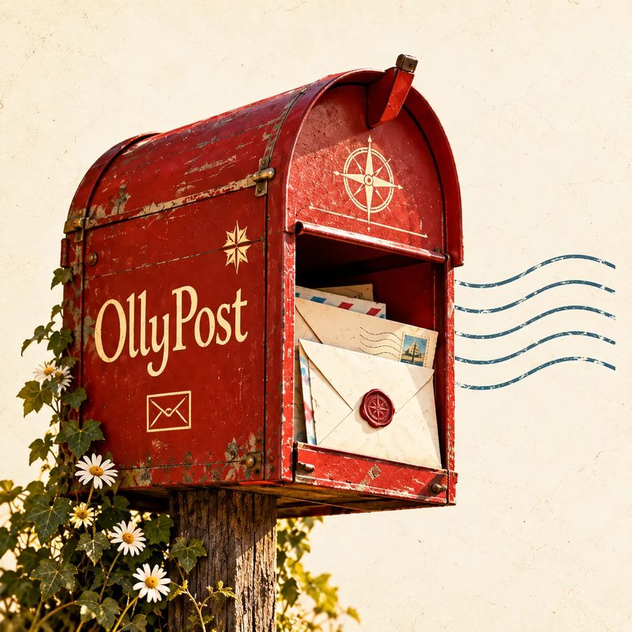 The weathered red OllyPost mailbox on a wooden post with ivy and daisies