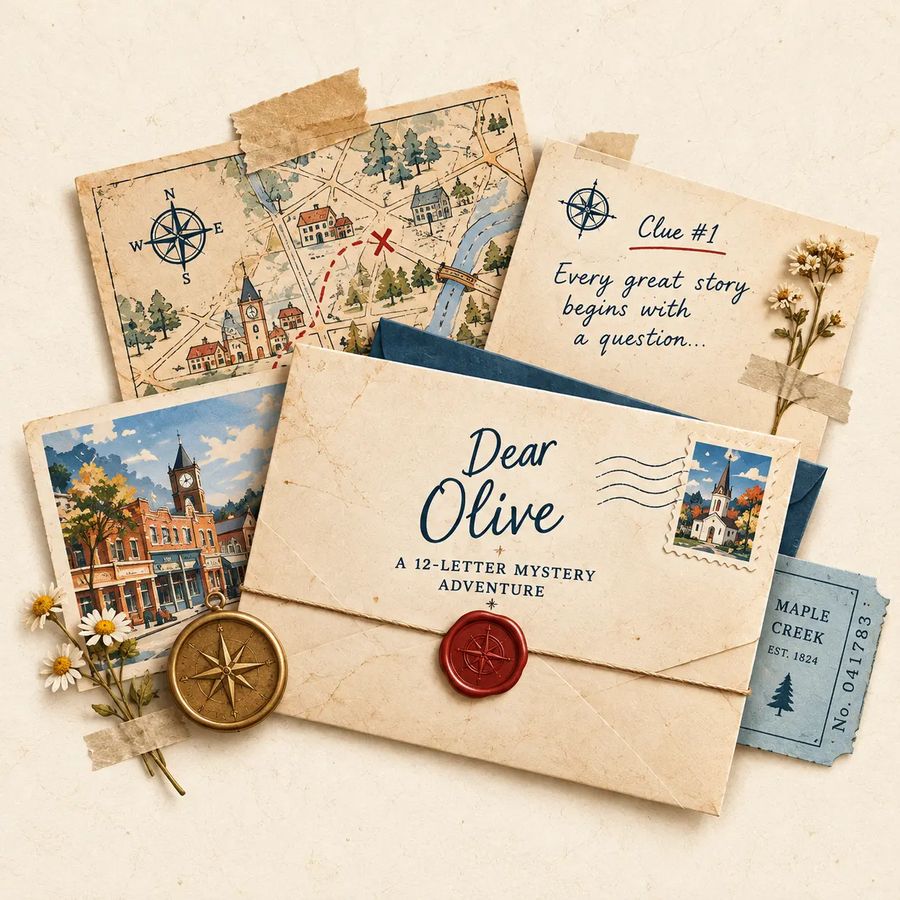 The Dear Olive envelope with a handwritten clue note and a local map