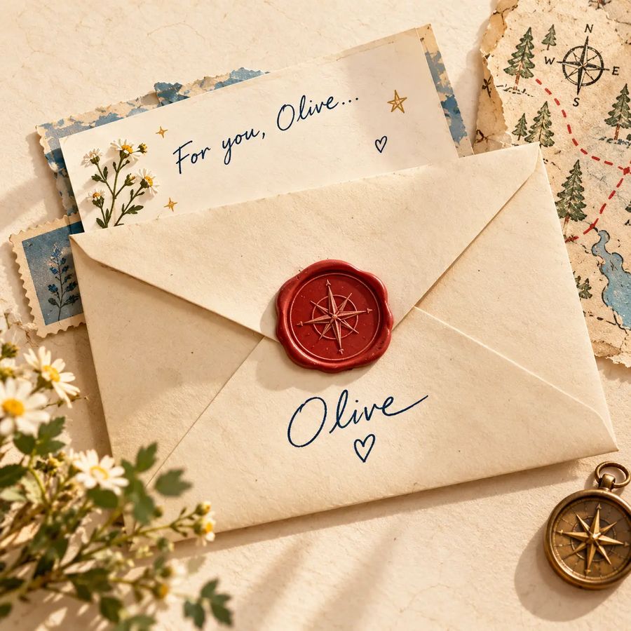 A cream envelope sealed with a red compass wax seal, addressed to Olive